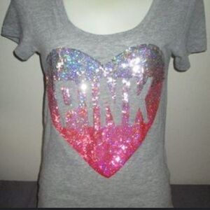 PINK Victoria's Secret Gray Tee with Pink and Silver Heart